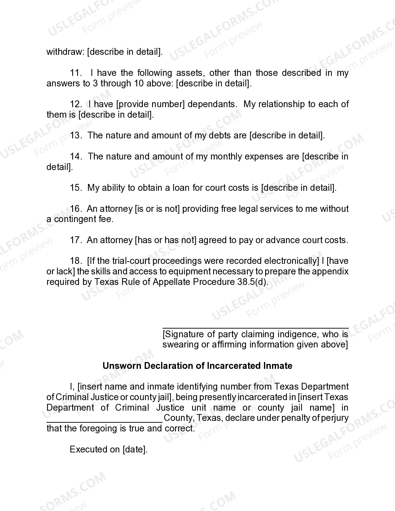 Preview Affidavit of Indigence (Appeal; Incarcerated Inmate)