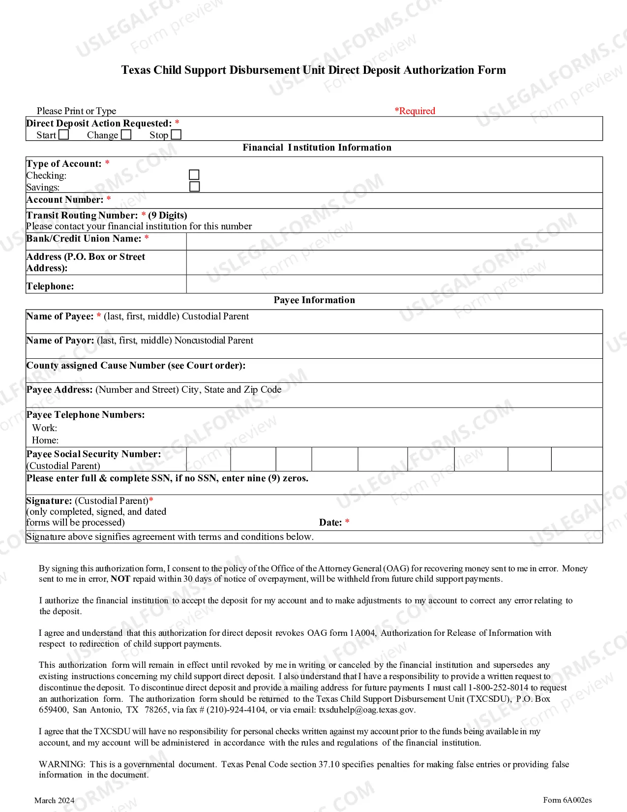 Preview Direct Deposit Authorization Form