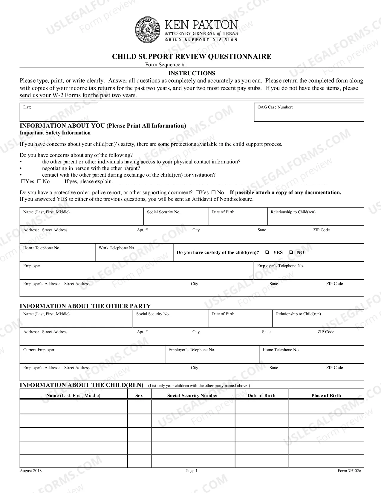 Preview Child Support Review Questionnaire