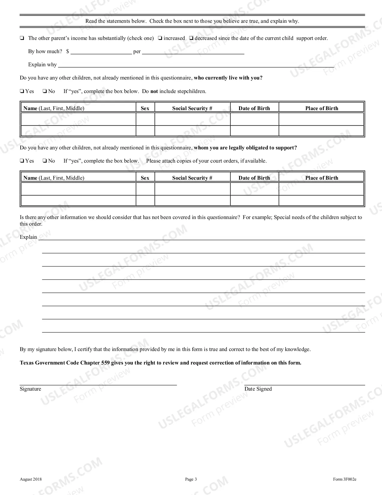 Preview Child Support Review Questionnaire