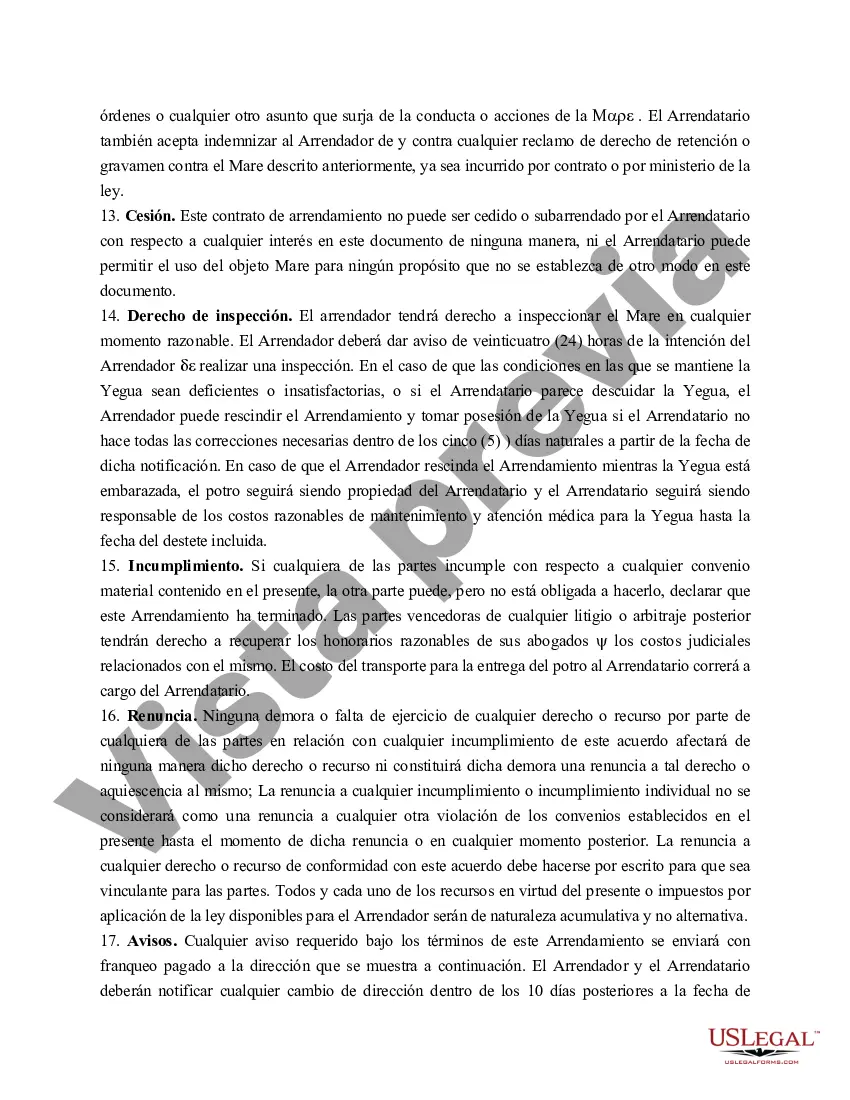 Preview Contrato de arrendamiento de yegua de cría de Texas