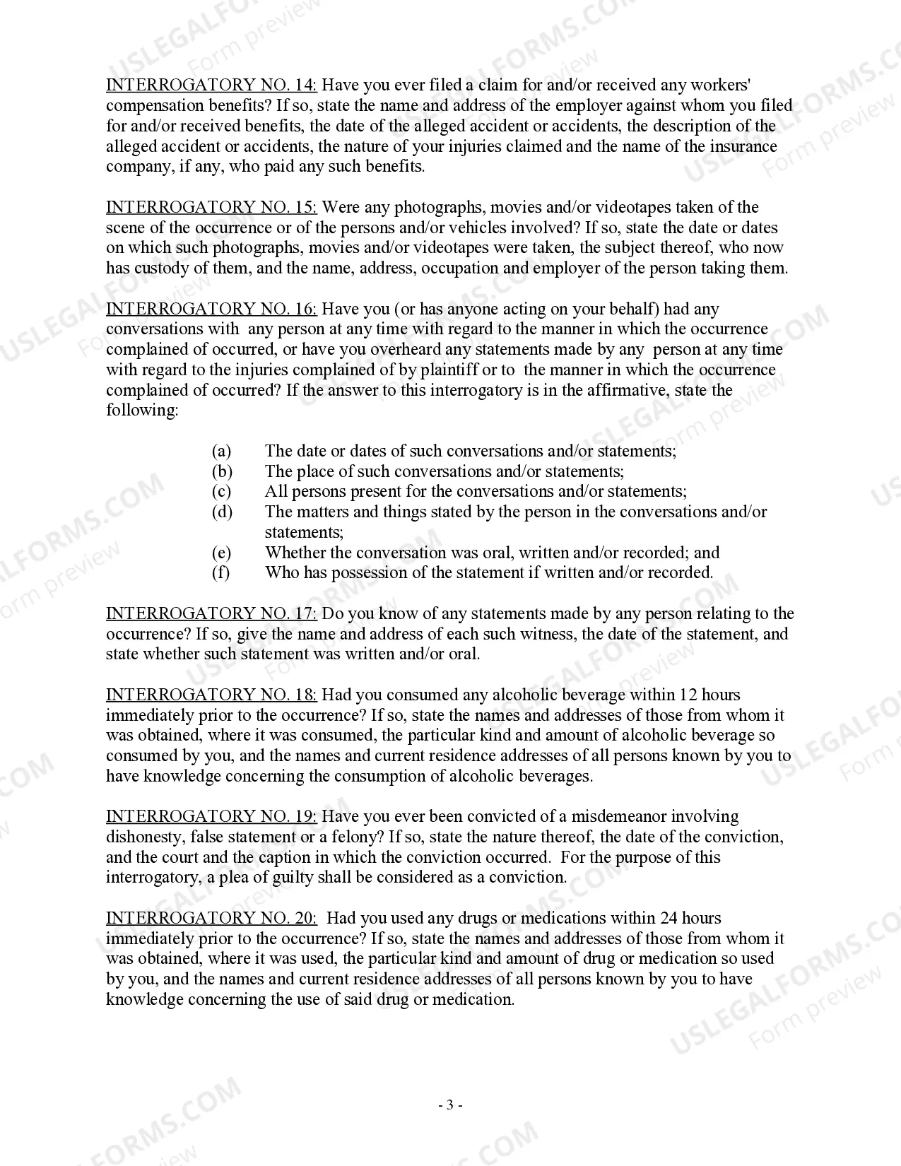 Preview Interrogatories to Plaintiff for Motor Vehicle Occurrence