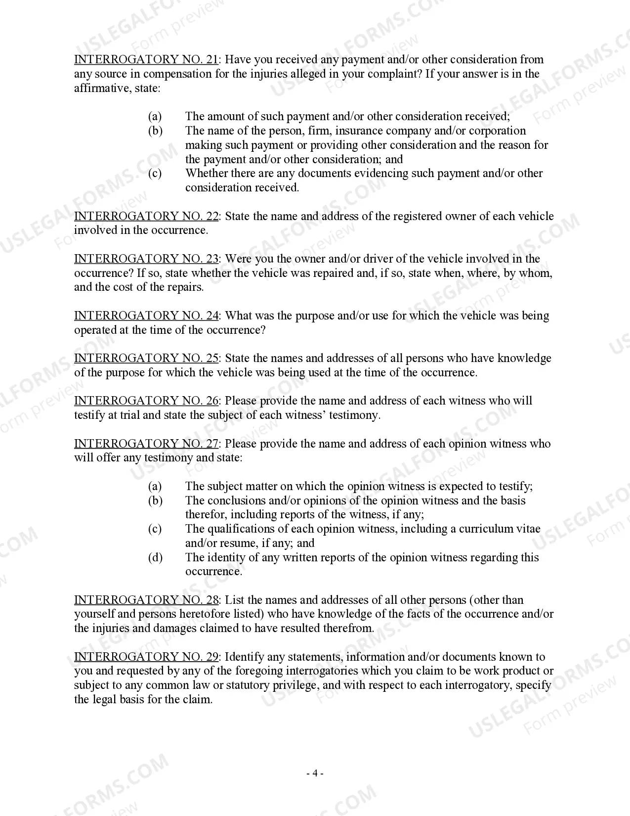 Preview Interrogatories to Plaintiff for Motor Vehicle Occurrence