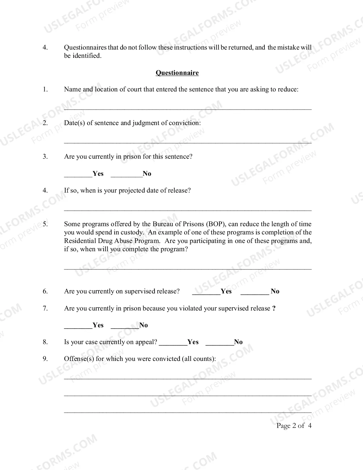 Preview Defendants Motion And Questionnaire For Reduction of Sentence