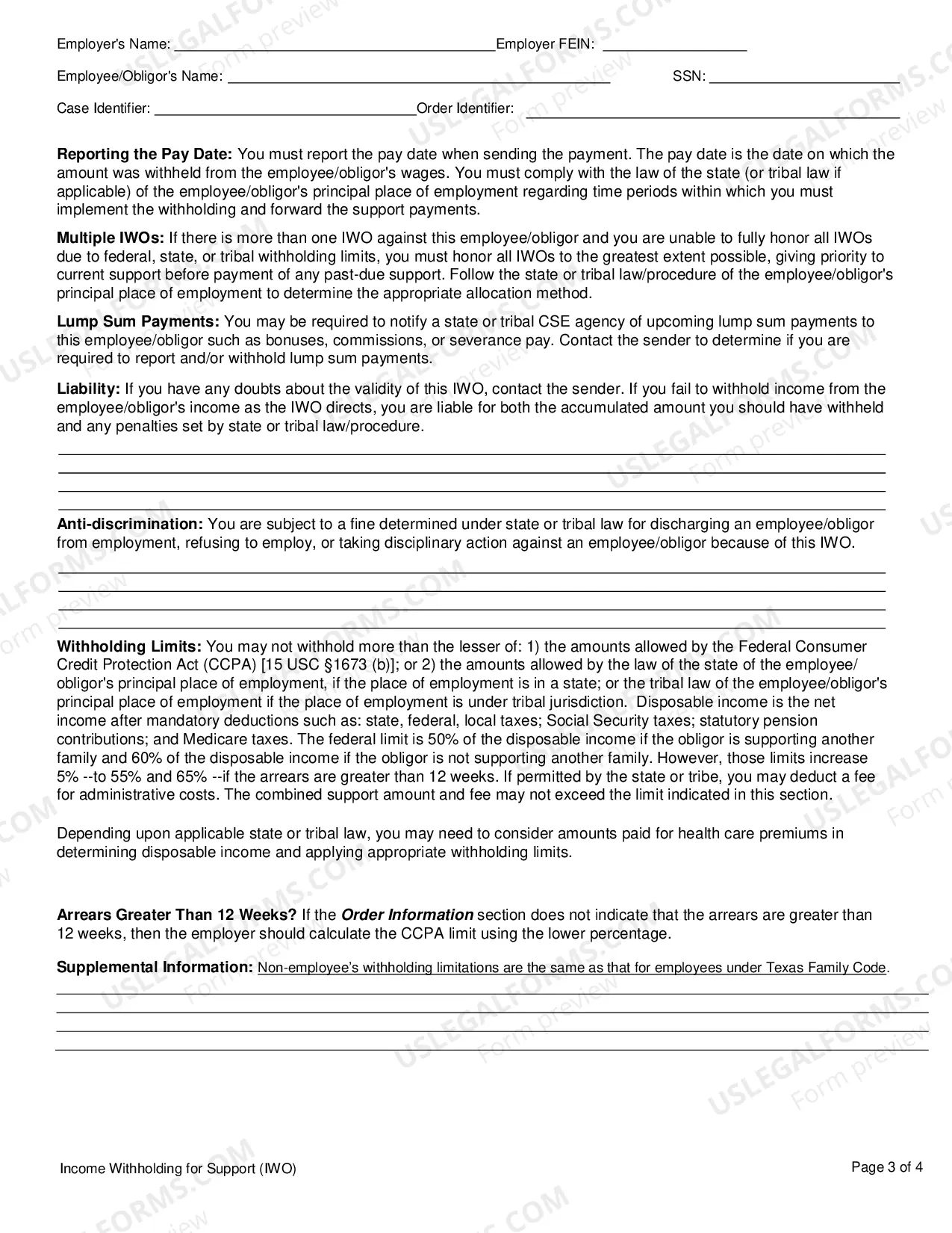 Preview Income Withholding Order For Support Instructions