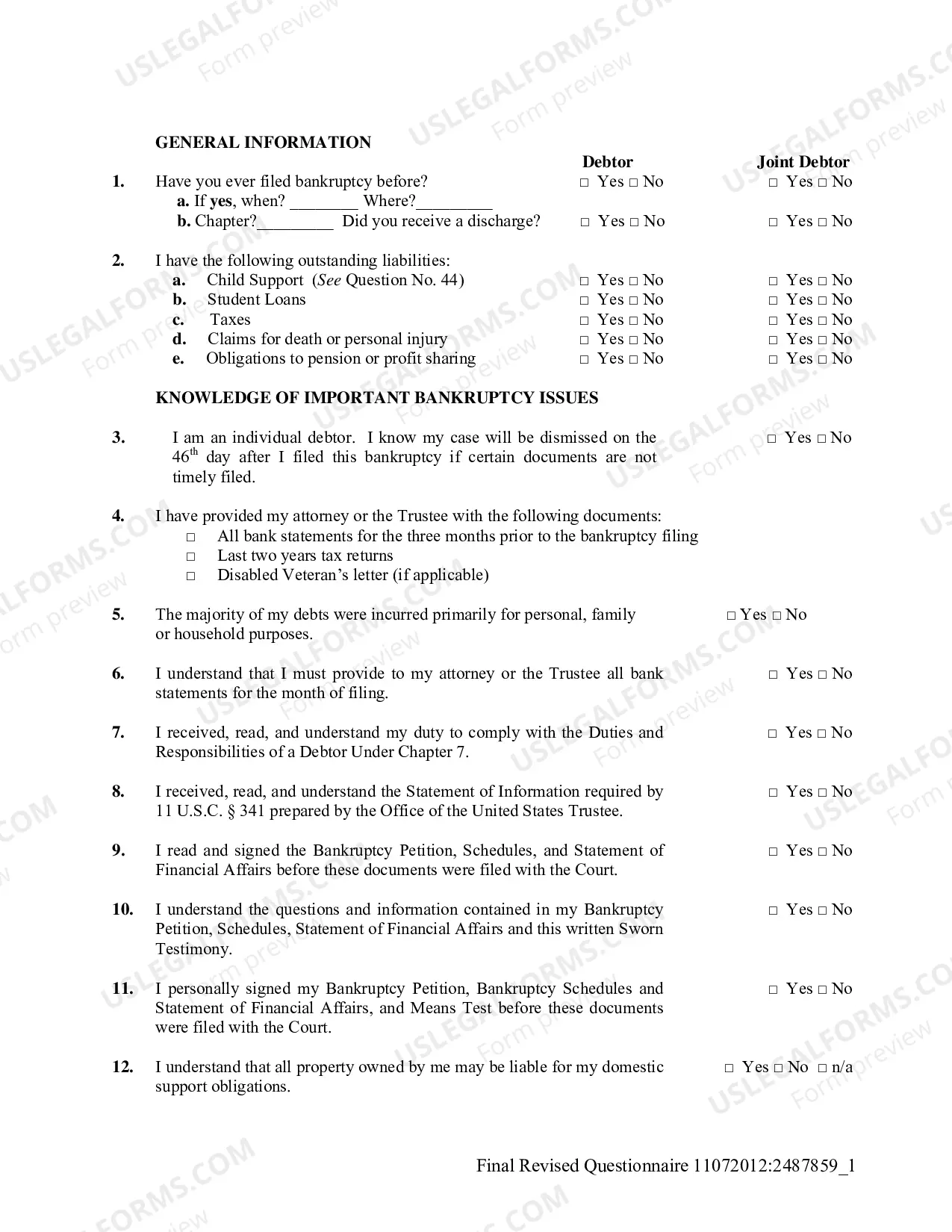 Preview Debtor's Sworn Statement for 341 Meeting