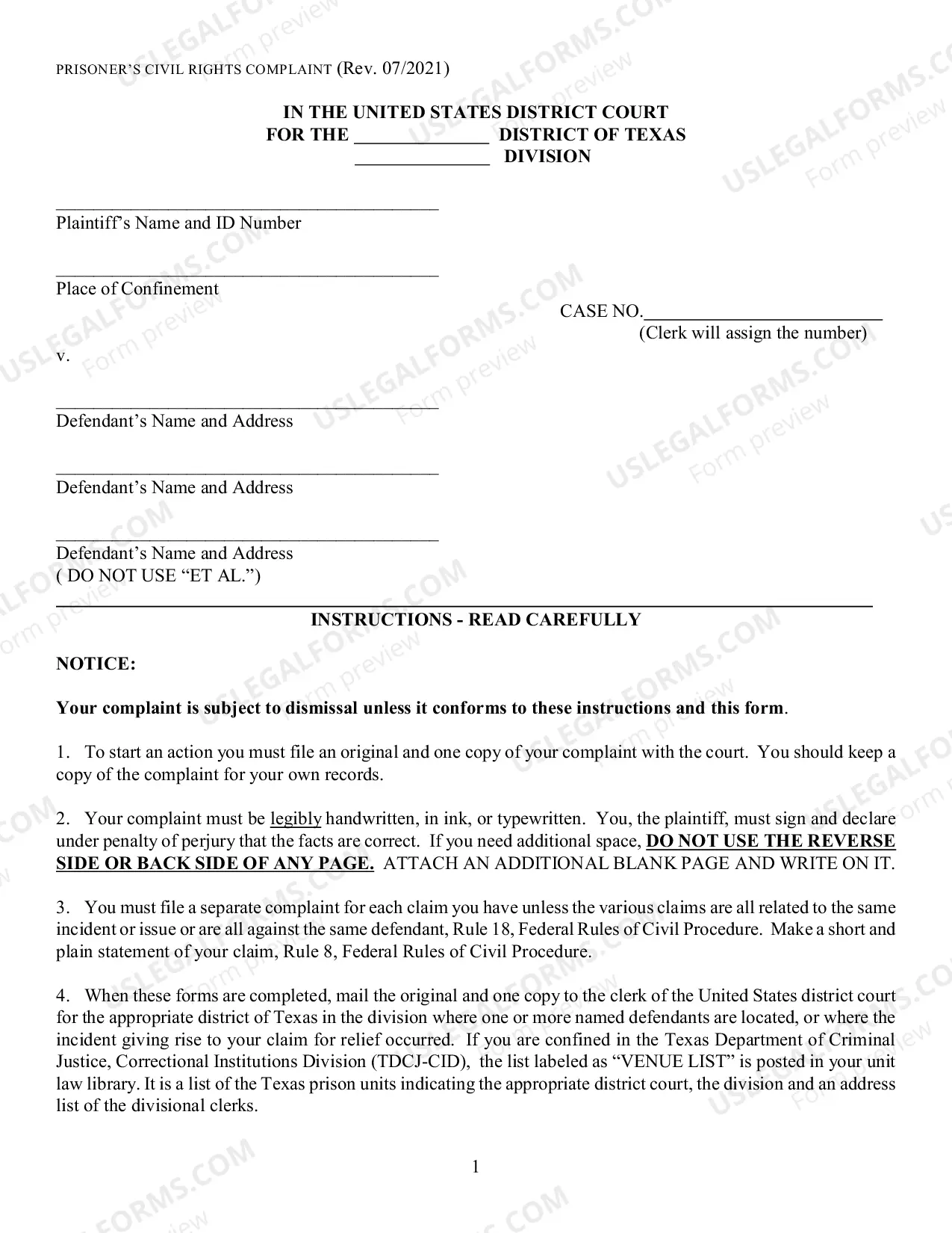 Preview Complaint Under 42 U.S.C. 1983 Prisoner Civil Rights