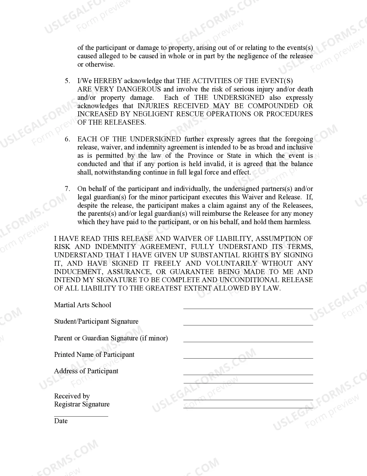 Preview Martial Arts Program Release and Waiver of Liability and Indemnity Agreement