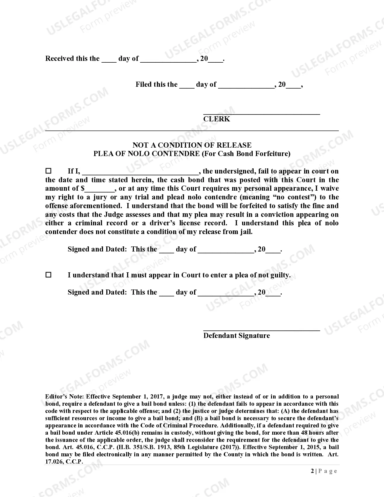 Preview Defendant's Personal Oath Bond with NOLO Contendre Plea