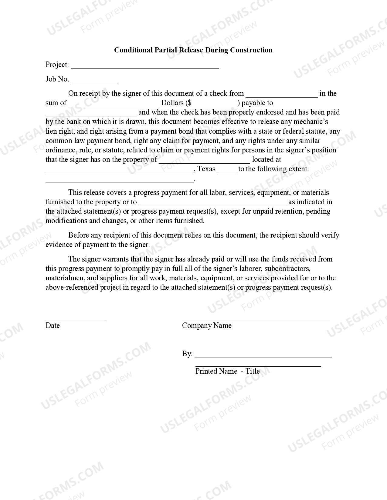 Texas Conditional Partial Release During Construction US Legal Forms