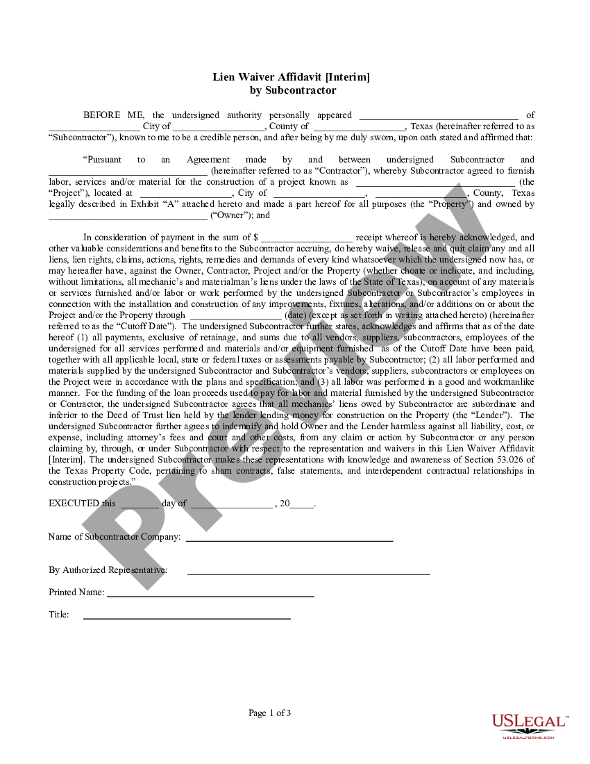 Texas Lien Waiver Affidavit by Subcontractor | US Legal Forms