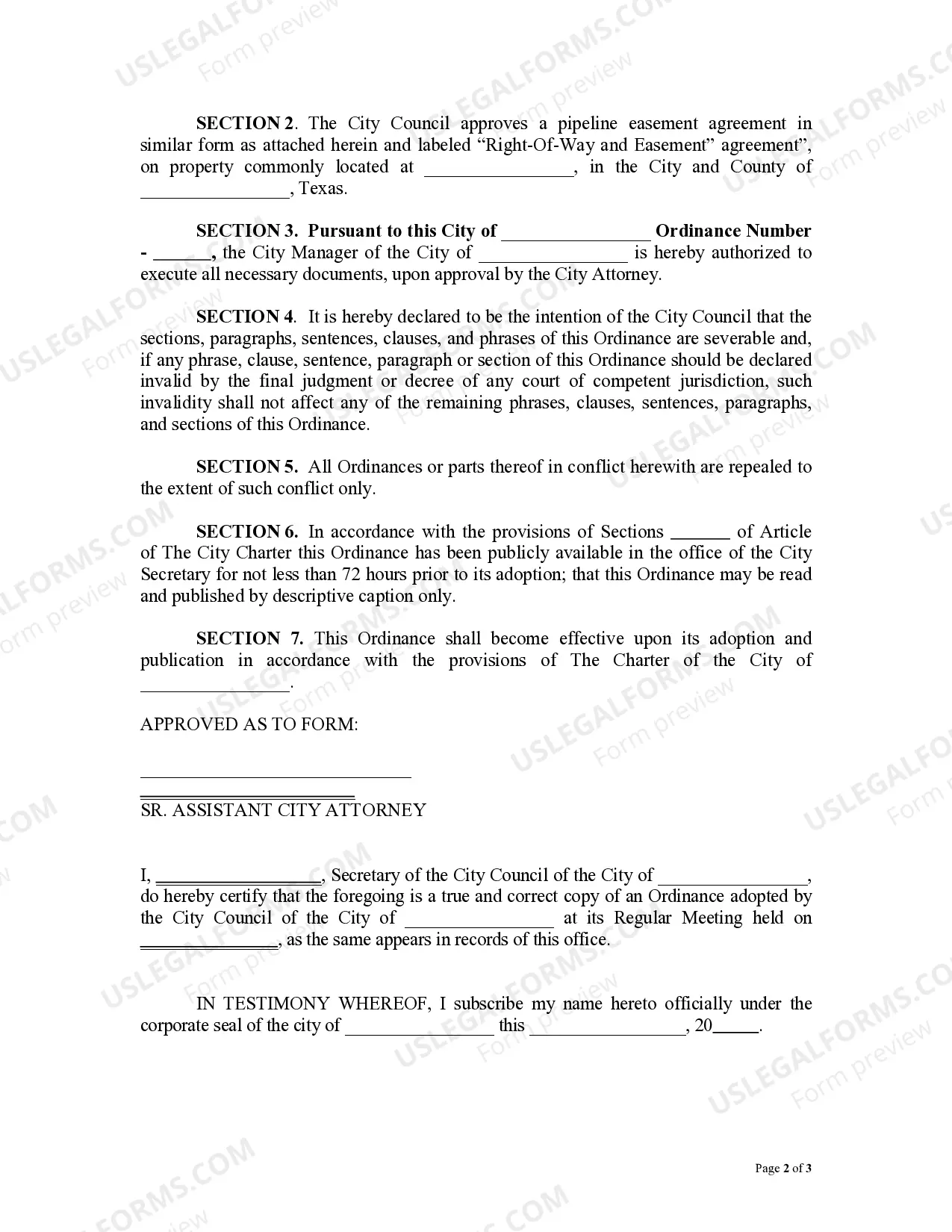 Preview Ordinance for Approval for Pipeline Easement Agreement