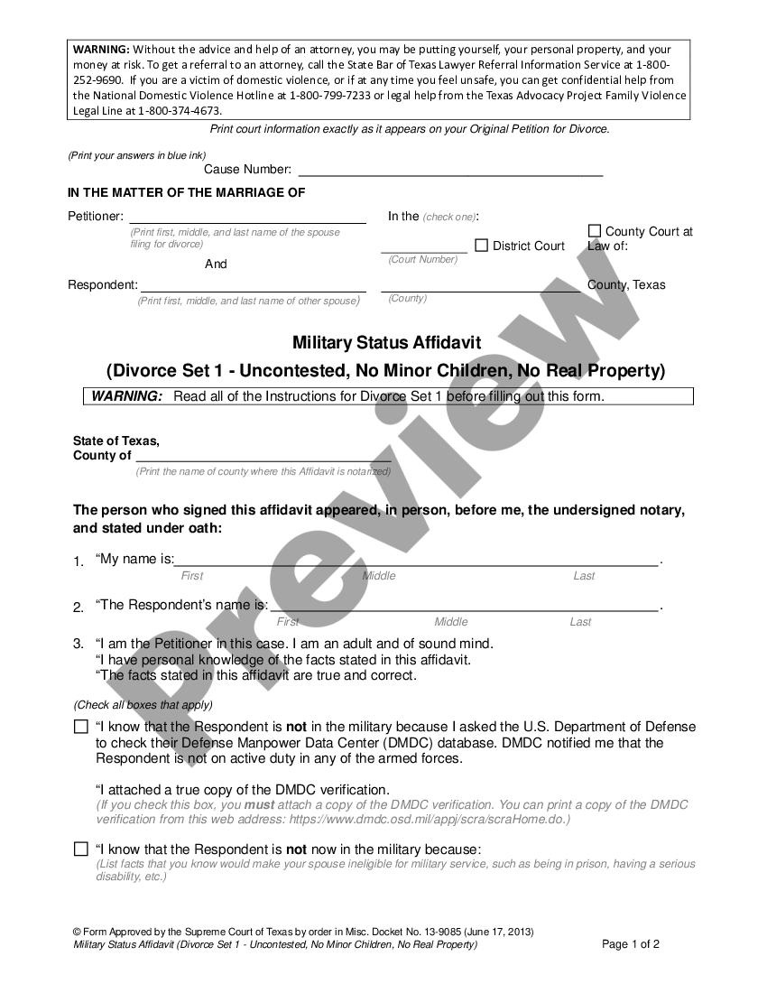 Texas Military Status Affidavit Texas Divorce Search Engine US Legal Forms