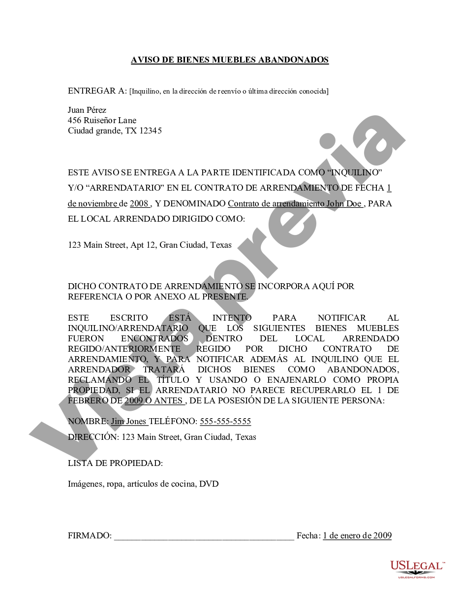 Beaumont Texas Carta Del Propietario Al Inquilino Como Aviso De Propiedad Personal Abandonada 5654