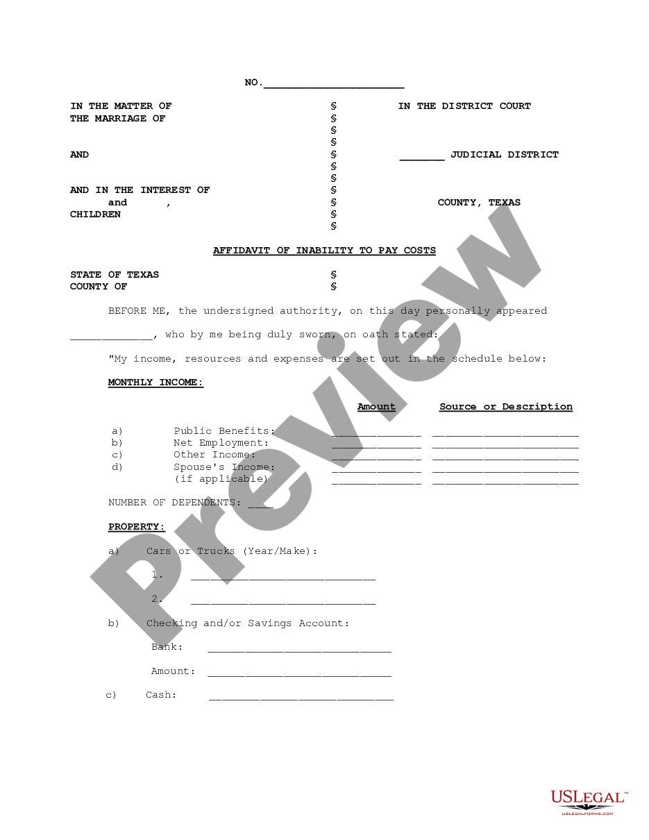 Sugar Land Texas Affidavit of Inability to Pay Costs US Legal Forms