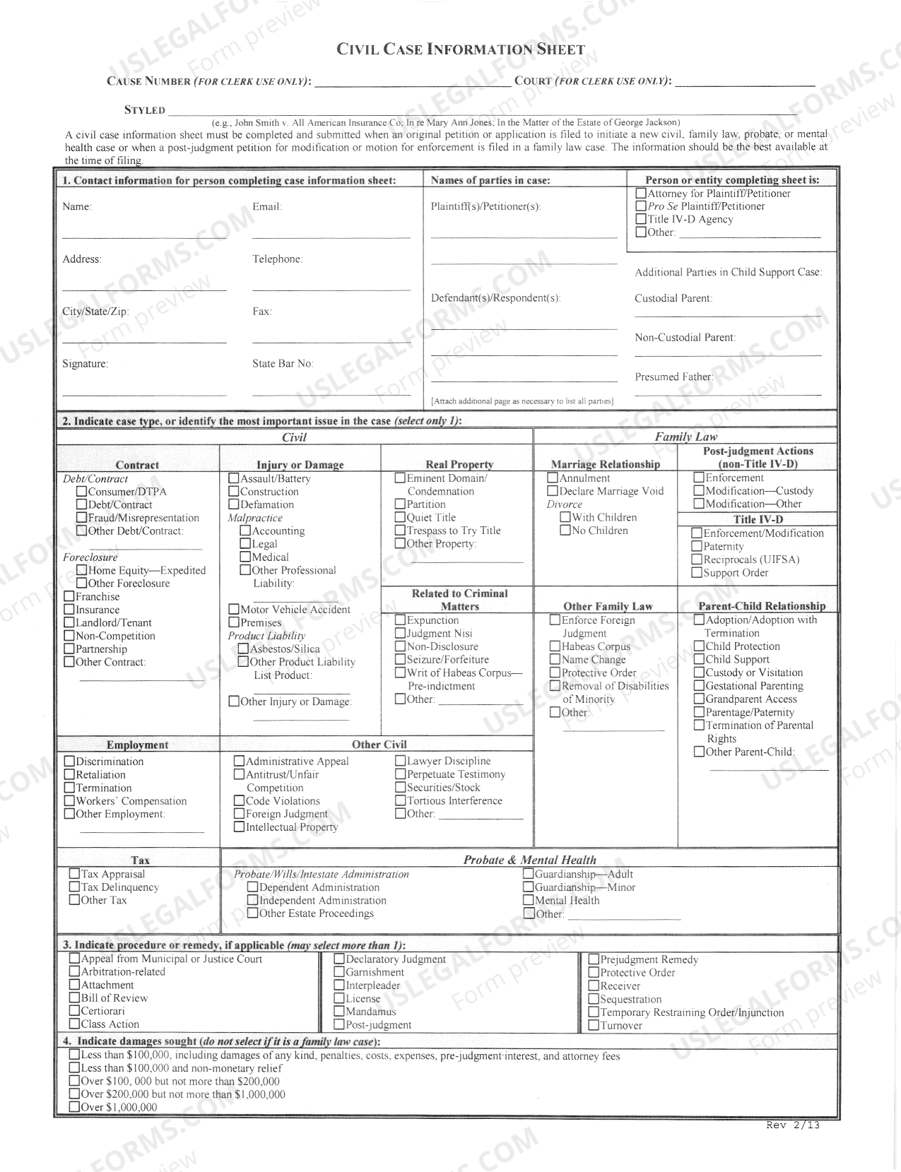 Texas Civil Case Information Sheet US Legal Forms
