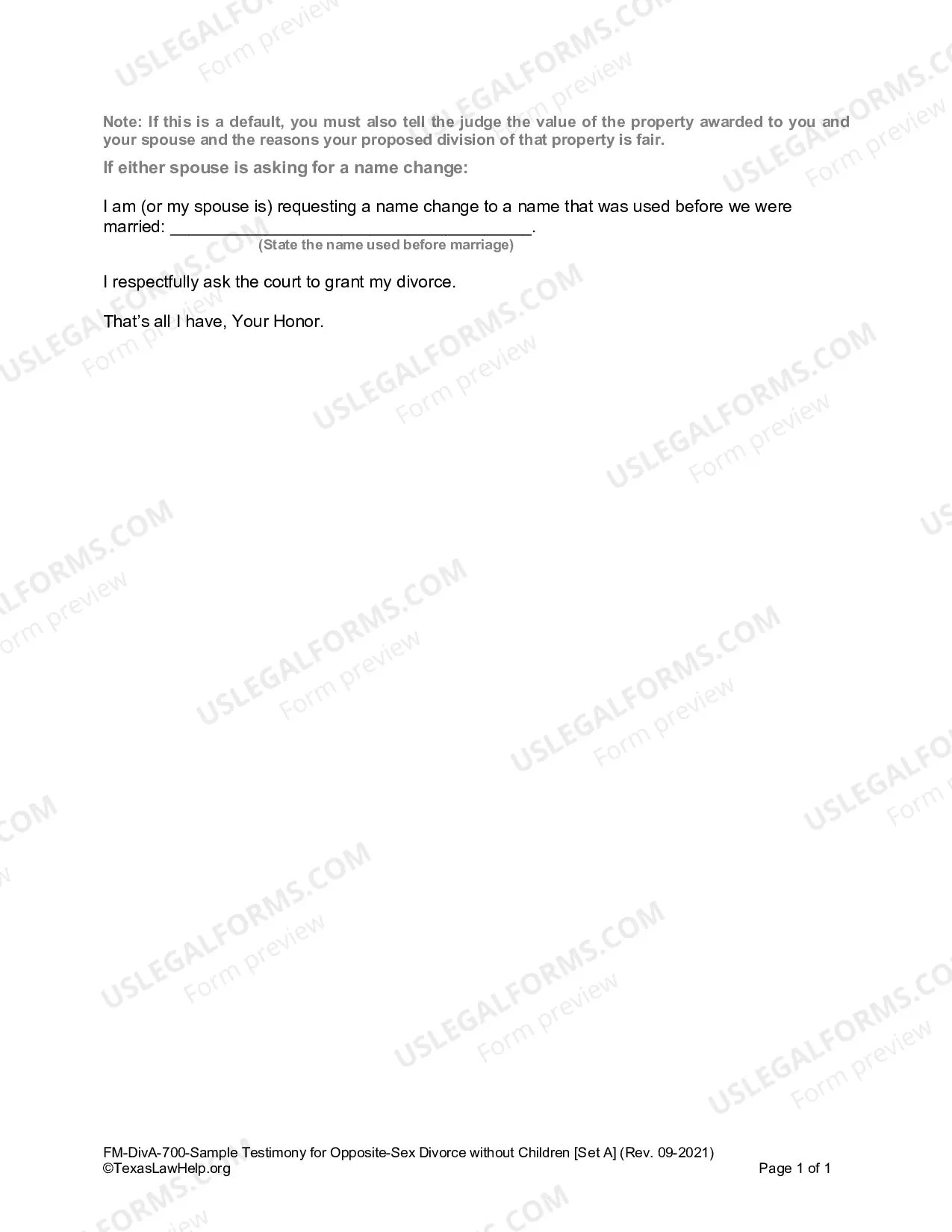 Preview Sample Testimony for Divorce without Children