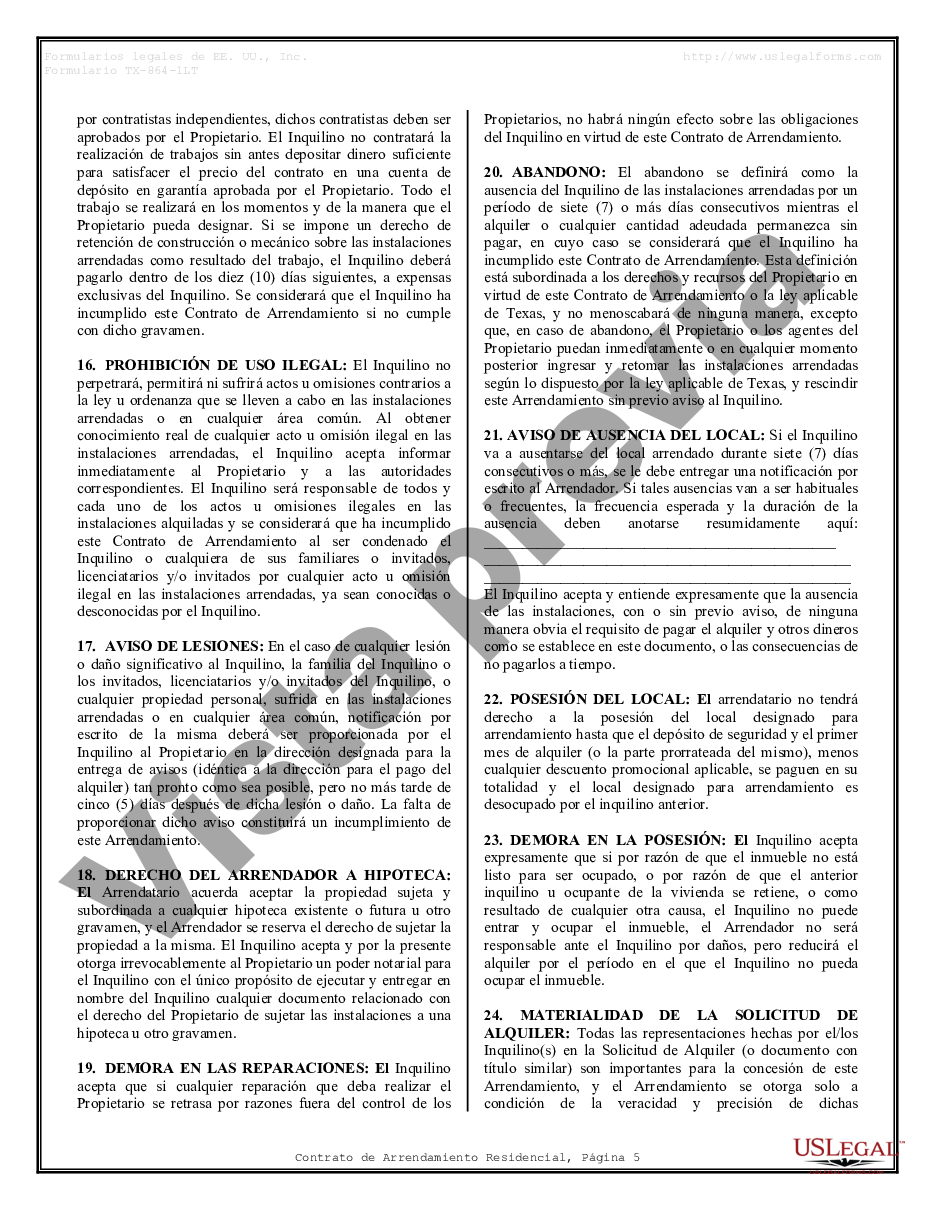 Texas Arrendamiento Residencial O Contrato De Alquiler De Mes A Mes Contrato De Arrendamiento