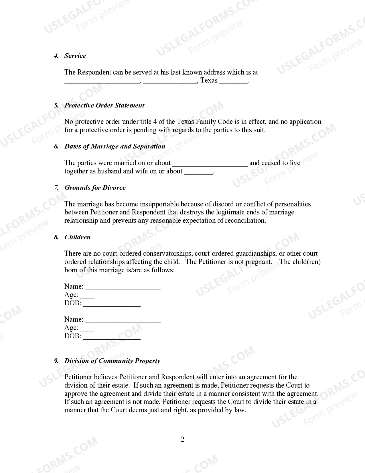 Preview Petition for Divorce and Temporary Orders on Child Custody and Support