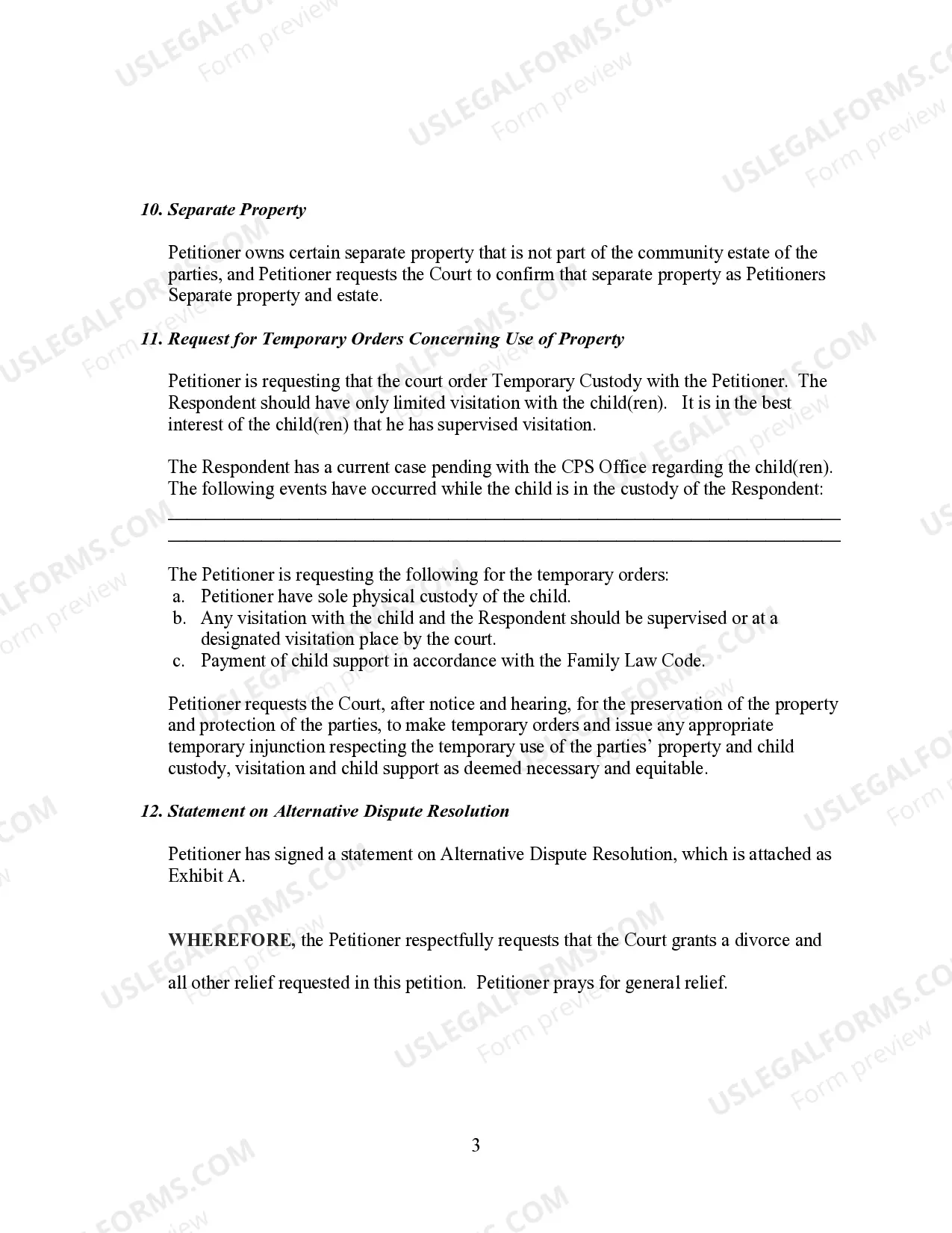 Preview Petition for Divorce and Temporary Orders on Child Custody and Support