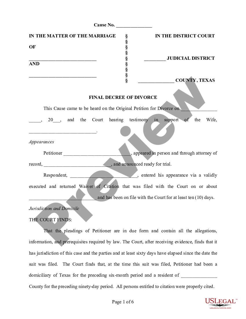 Texas Final Decree Of Divorce Us Legal Forms 6123