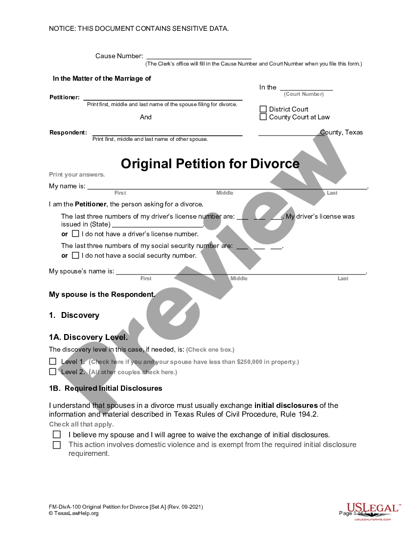 Texas Original Petition For Divorce With No Children | US Legal Forms