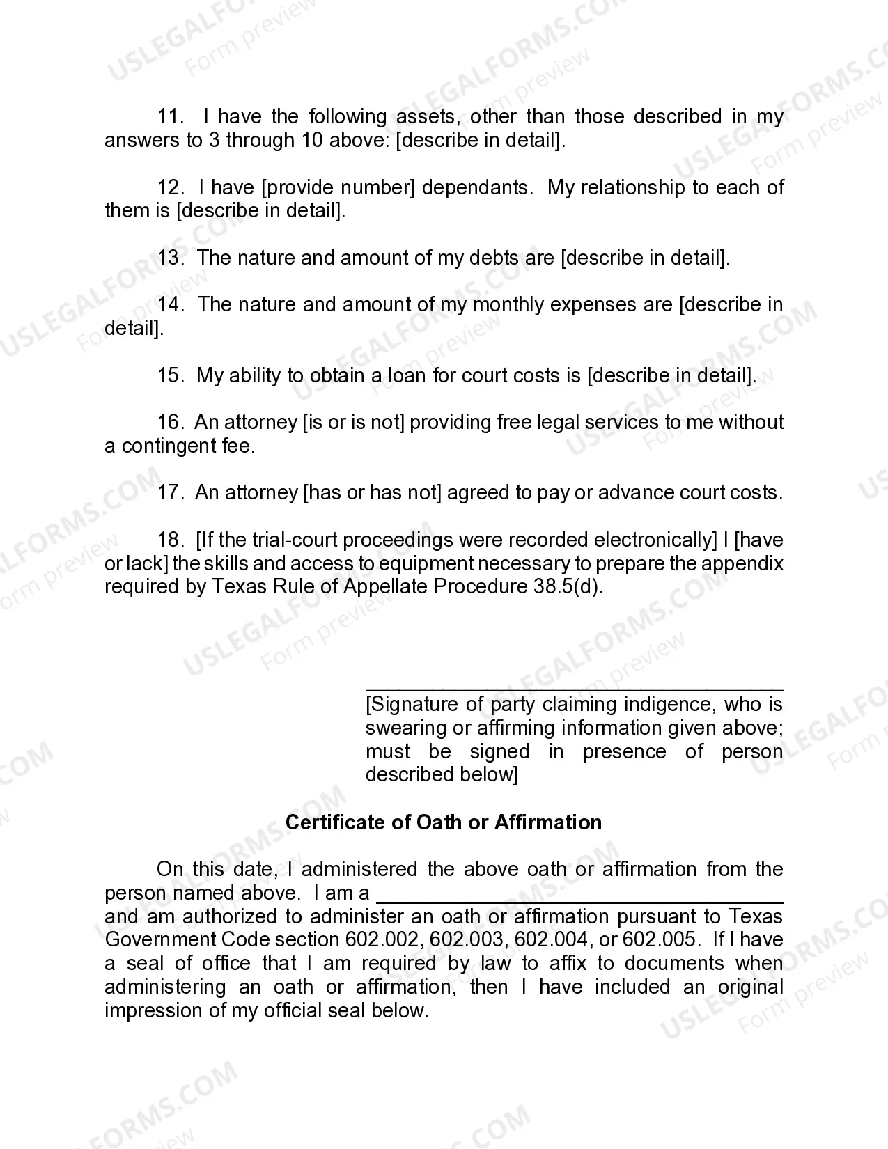 Preview Affidavit of Indigence (Original Proceeding)