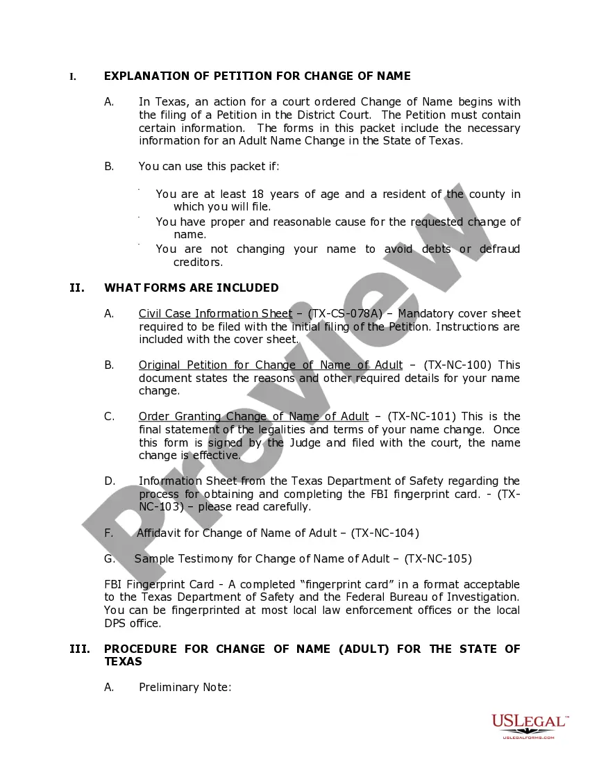 Get Texas Name Change Instructions and Forms Package for an Adult Preview Texas Name Change Instructions and Forms Package for an Adult