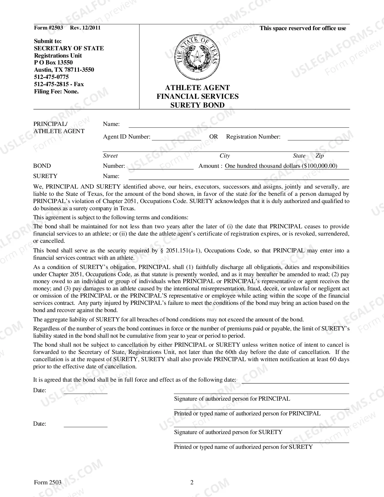 Preview Athlete Agent Financial Services Surety Bond
