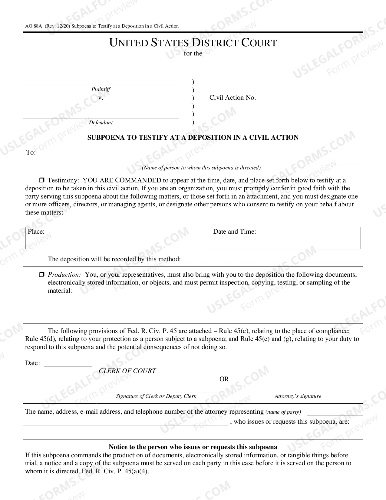 Preview Subpoena to Testify at a Deposition in a Civil Case