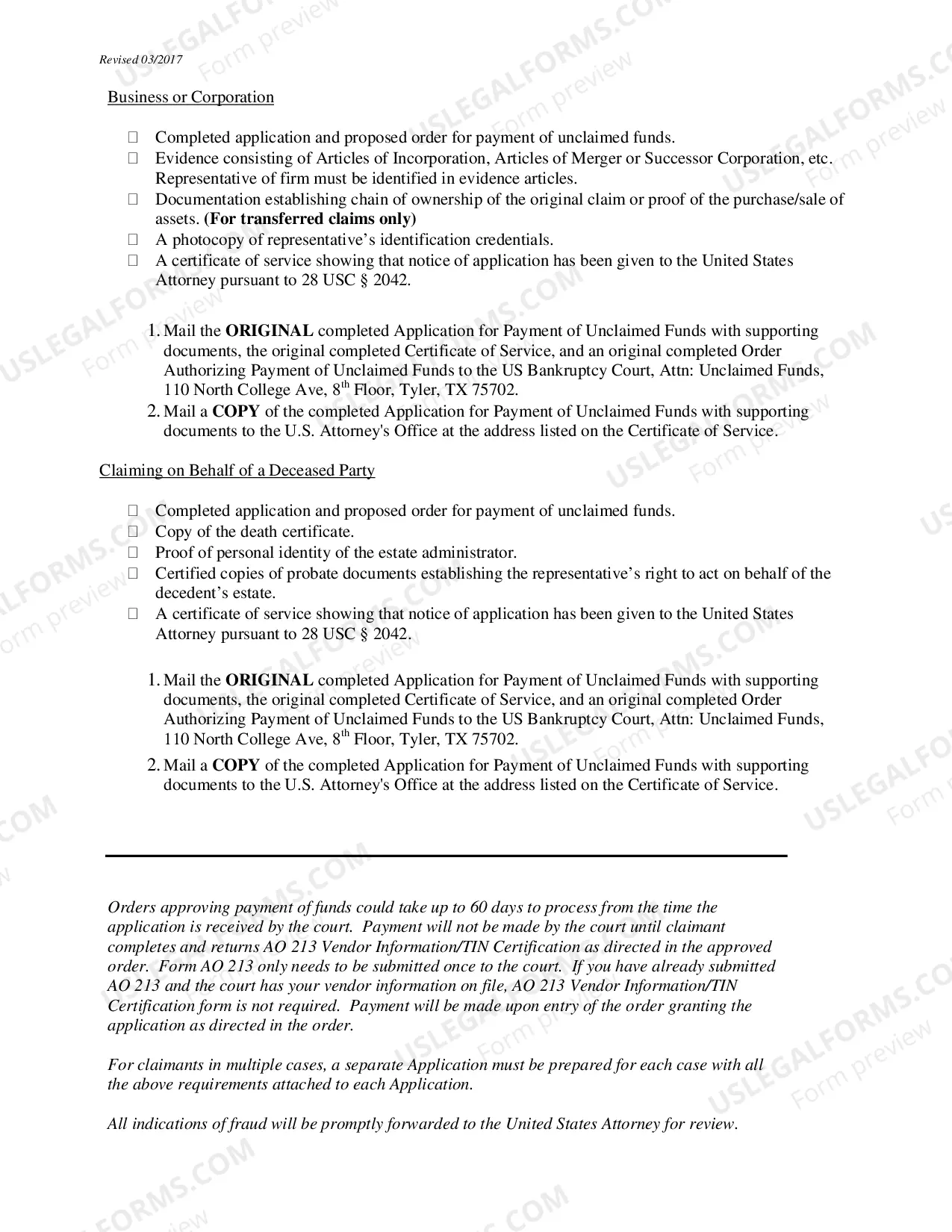 Preview Application For Payment of Unclaimed Funds - And Order
