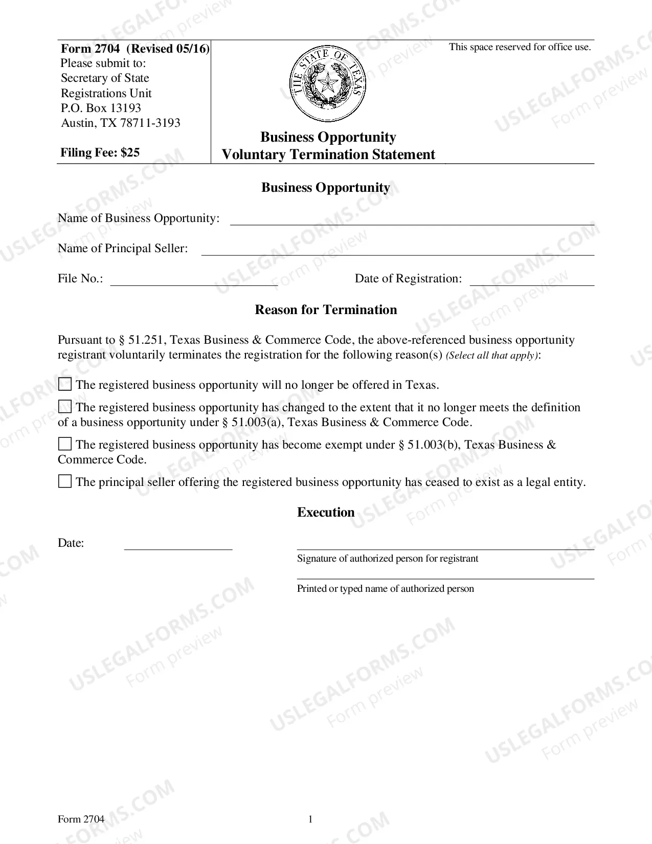 Preview Business Opportunity Voluntary Termination Statement