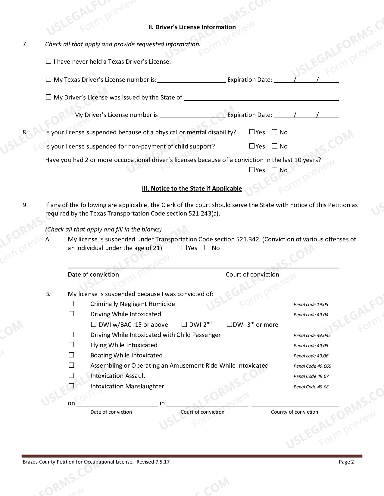 Preview Occupational Driver's License Petition