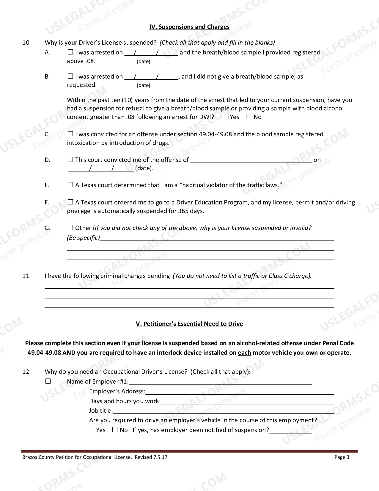 Preview Occupational Driver's License Petition
