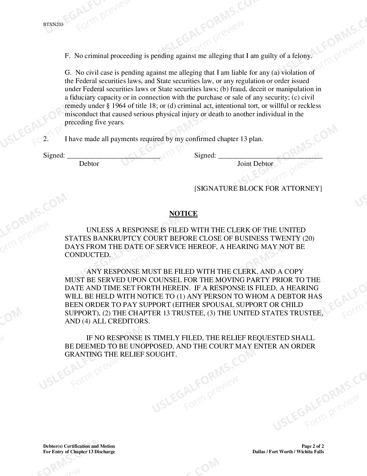 Preview Debtor(s) Certification And Motion For Entry of Chapter 13 Discharge (Dallas)