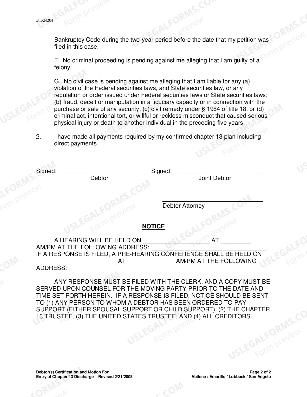Preview Debtor(s) Certification And Motion For Entry of Chapter 13 Discharge (Abilene)
