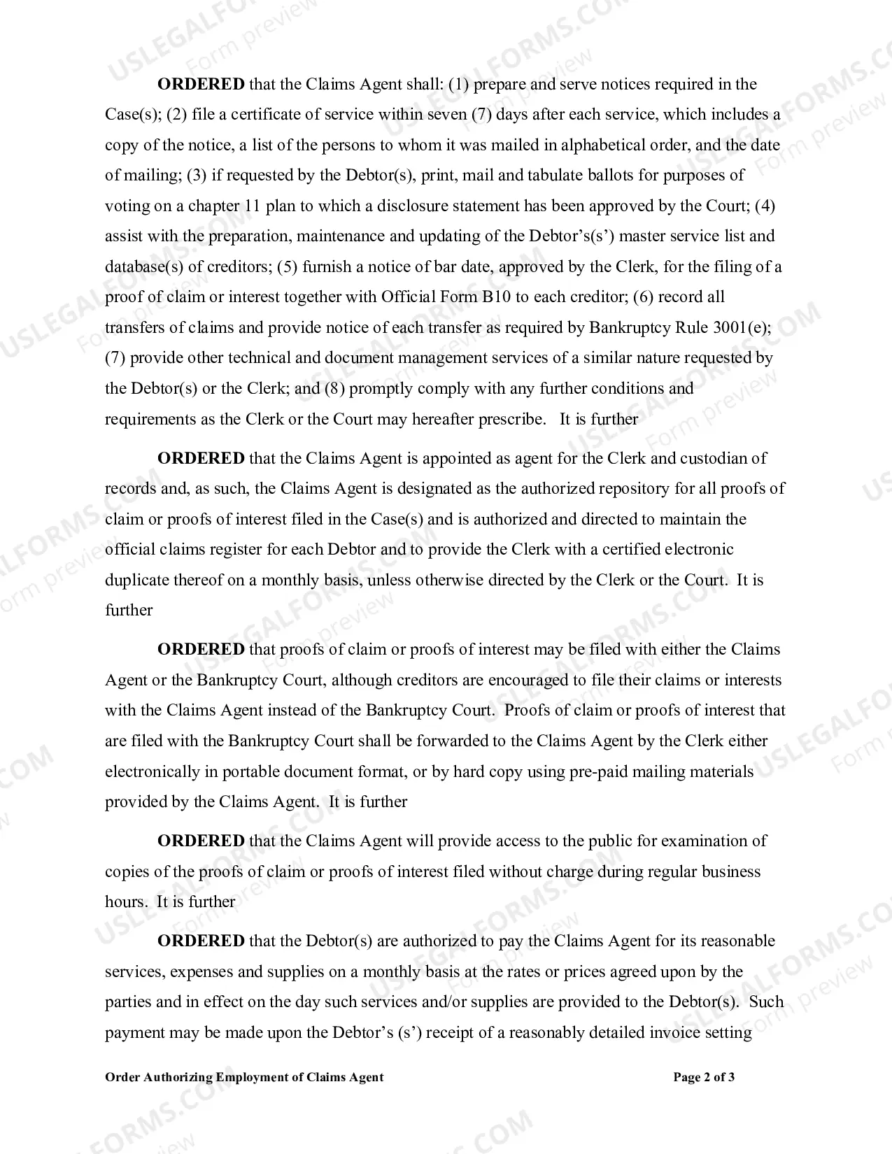 Preview Order Authorizing Employment of Claims Agent