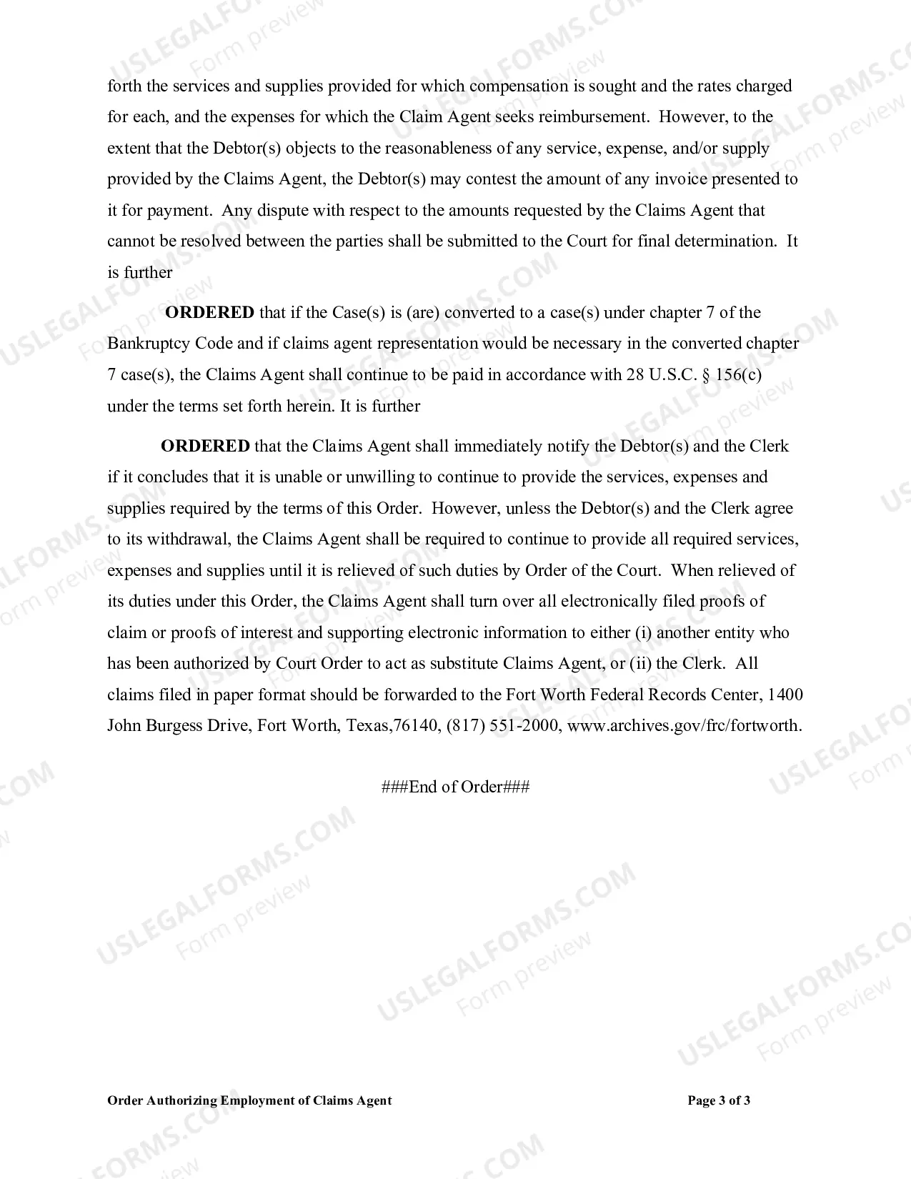 Preview Order Authorizing Employment of Claims Agent