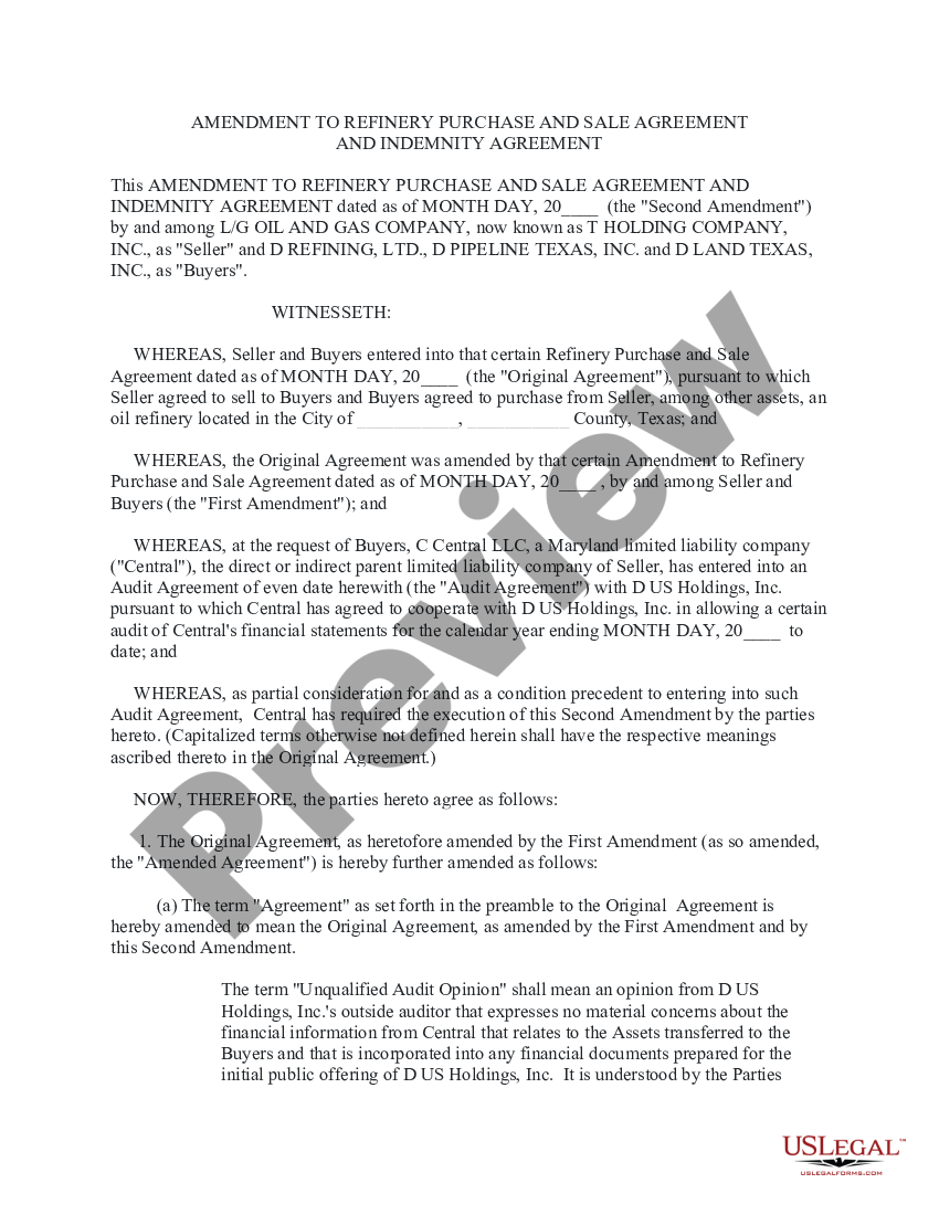 Texas Amendment to Refinery Purchase and Sale Agreement and Indemnity ...