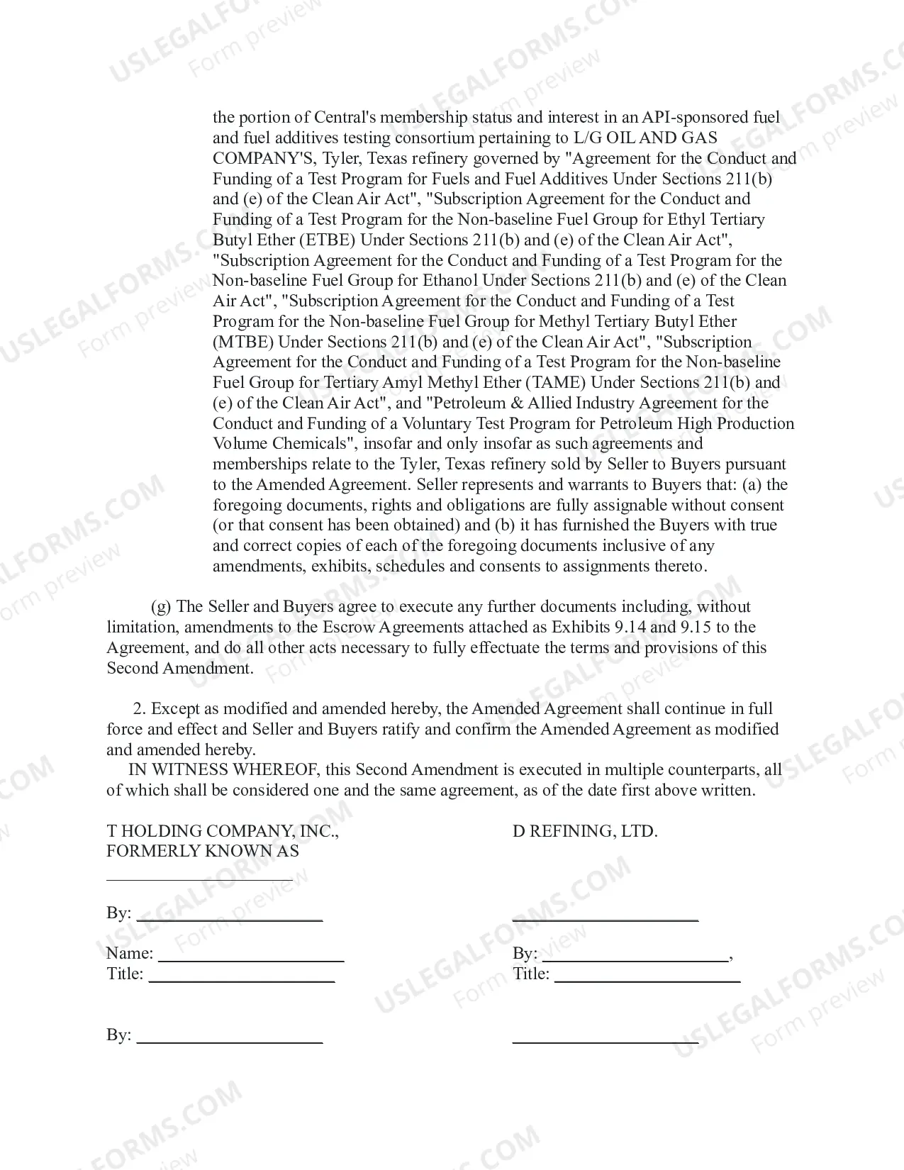 Preview Amendment to Refinery Purchase and Sale Agreement and Indemnity Agreement