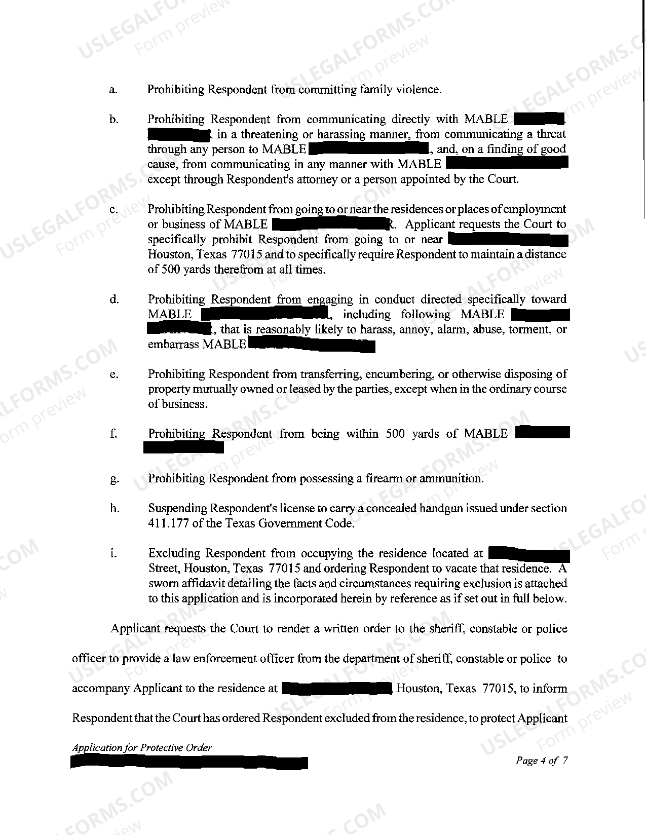 Texas Application for a Protective Order Application For Protective