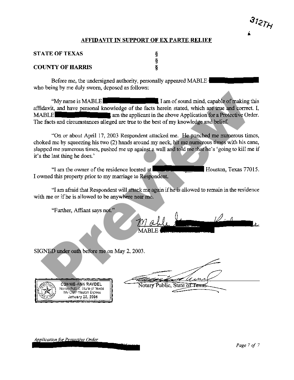 Texas Application for a Protective Order Application For Protective