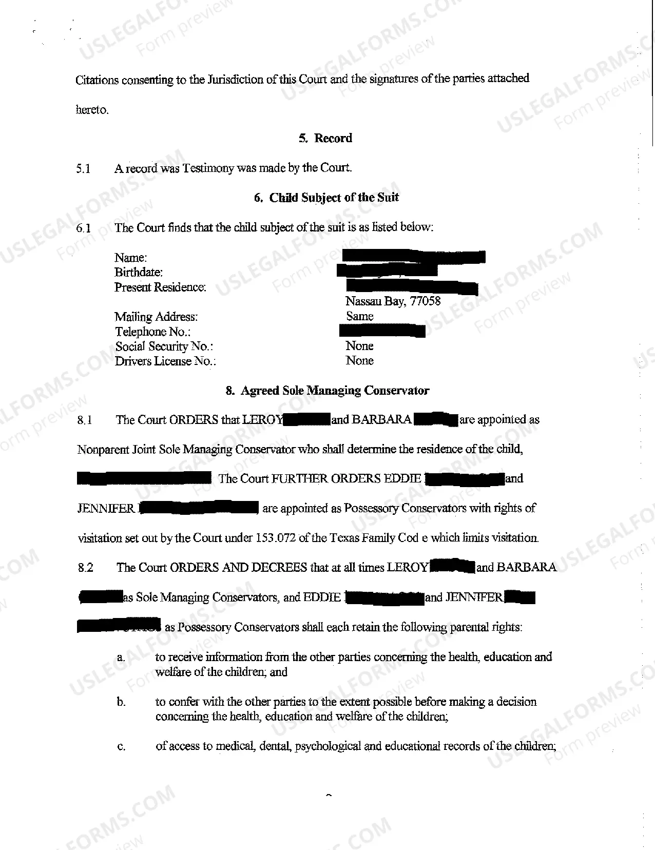 Preview Agreed Order to Appointment of Managing Conservator for Child