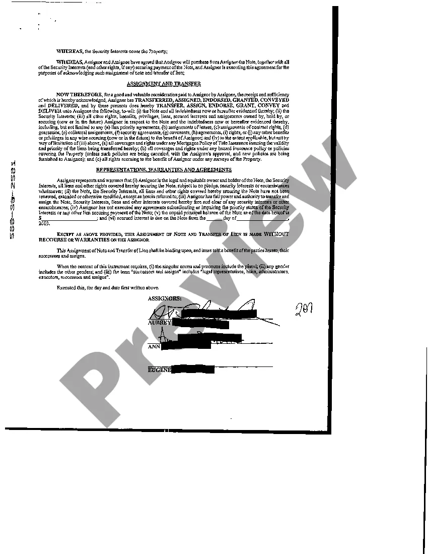Get Assignment of Note and Liens Preview Assignment of Note and Liens