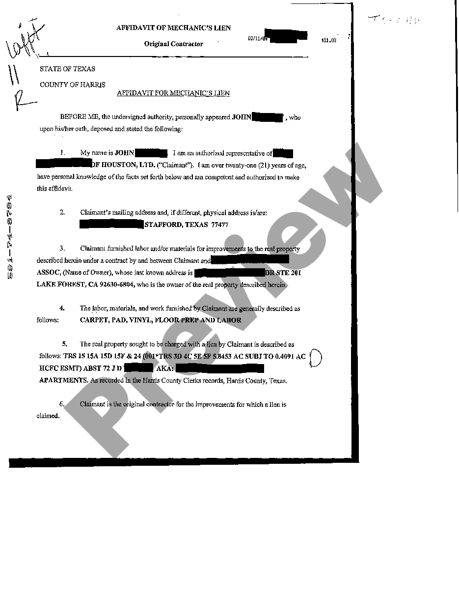 Travis Texas Affidavit for Mechanic's Lien Mechanics Lien In Texas US Legal Forms