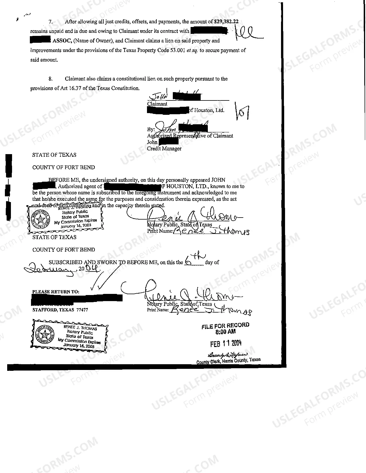 Preview Affidavit for Mechanic's Lien