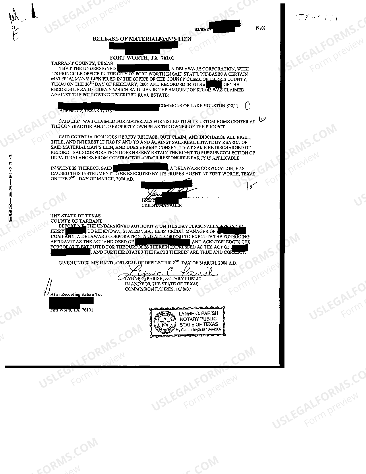 Mesquite Texas Release of Materialman's Lien US Legal Forms