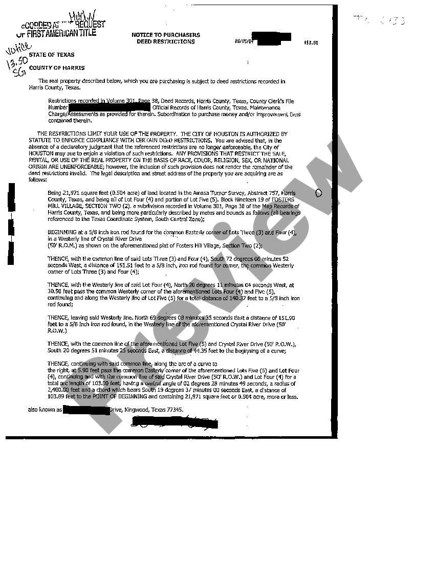 Corpus Christi Texas Notice to Purchasers of Deed Restrictions