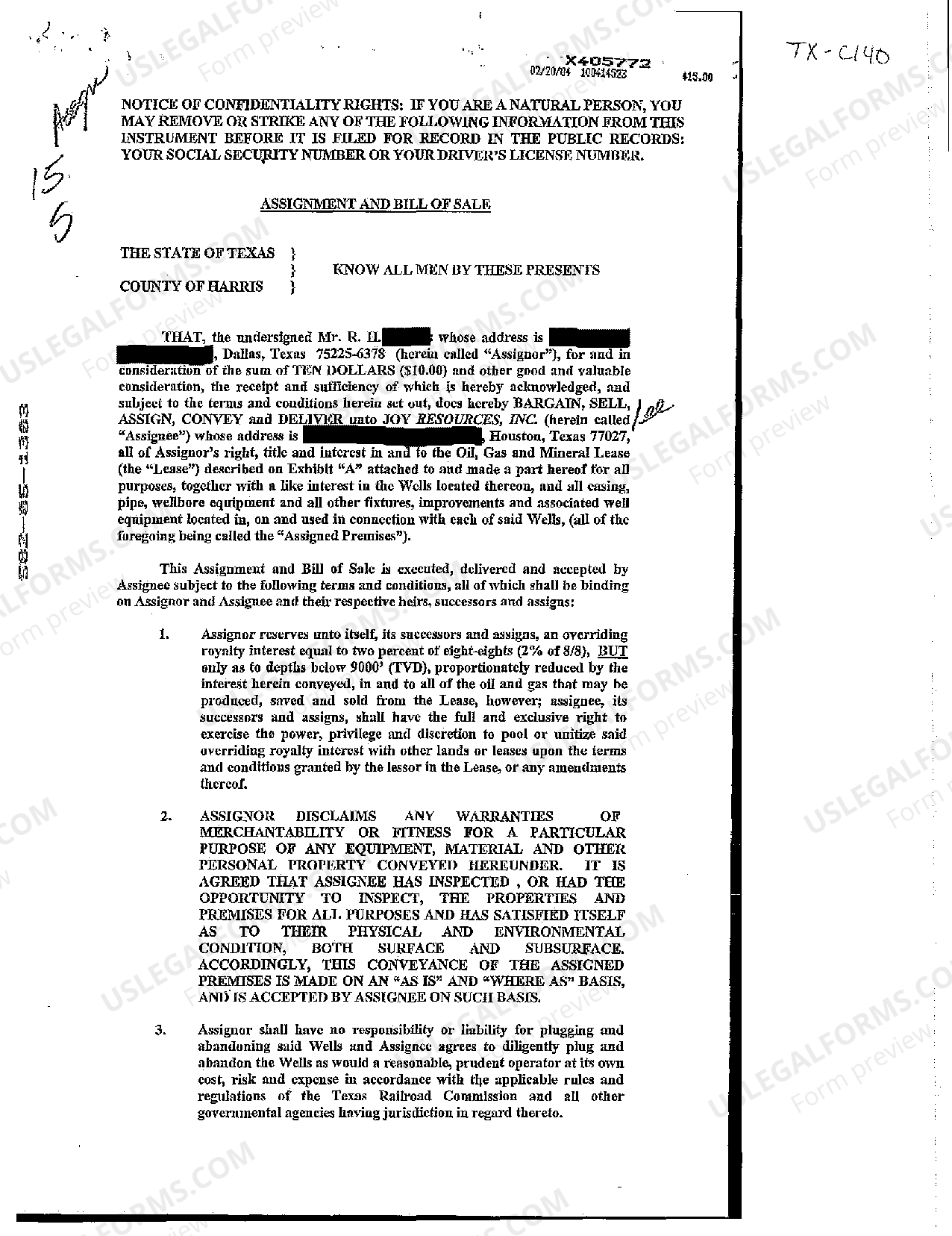 McAllen Texas Assignment and Bill of Sale for Oil Gas and Mineral Lease