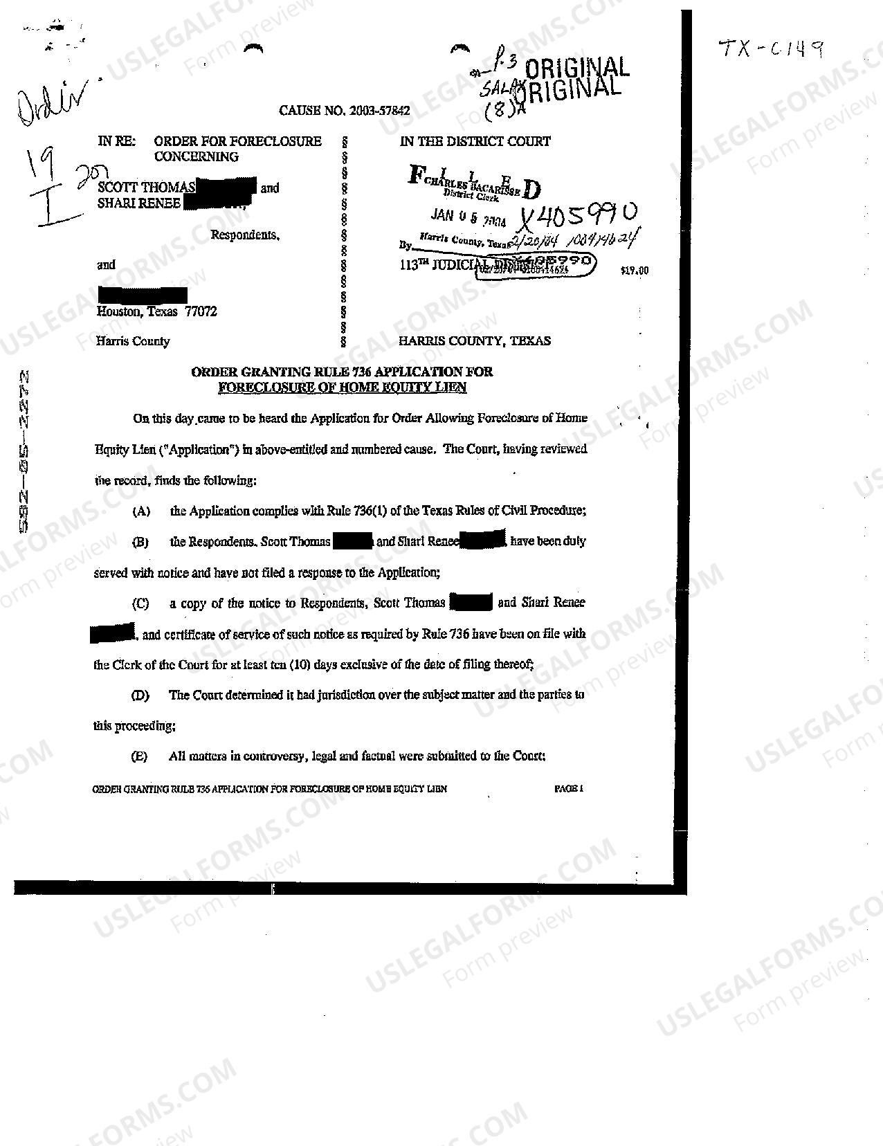 Irving Texas Order Granting Rule 736 Application for Foreclosure of